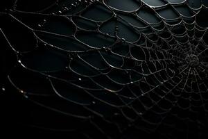 A close-up shot of an intricate spider web design in low relief on a dark monochrome background providing ample empty space for text photo