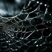 Intricate silver spider webs delicately intertwined casting shadows on a brooding charcoal background photo