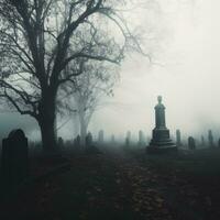 un obsesionante cementerio escena con lápidas y misterioso arboles antecedentes con vacío espacio para texto en medio de el melancólico niebla foto