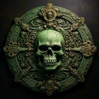 A menacing skull and crossbones carved in low relief on a dark green background offering room for captivating text photo