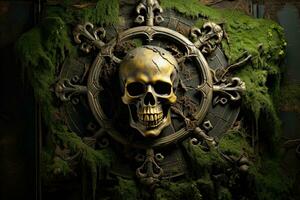 A menacing skull and crossbones emerge from a weathered green backdrop symbolizing danger and adventure photo