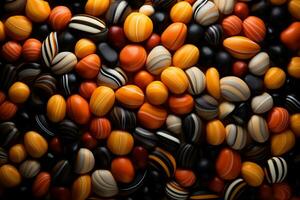 Delicious candy corns arranged in swirling patterns create a mesmerizing display against a striking black gradient backdrop photo