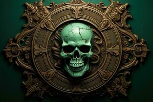 A menacing skull and crossbones carved in low relief on a dark green background offering room for captivating text photo