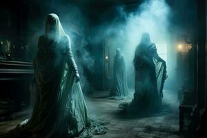 Ghostly apparitions emerge from the shadows their ethereal glow illuminating a dimly lit room with an eerie smoke effect photo