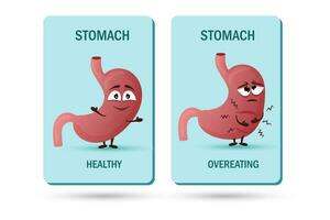 dibujos animados estómago personaje. concepto de sano y enfermo interno Organo, comer en exceso, dolor y pesadez. vector ilustración