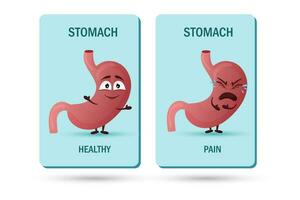 Cartoon stomach character. Concept of healthy and diseased internal organ, emotion of pain. Vector illustration