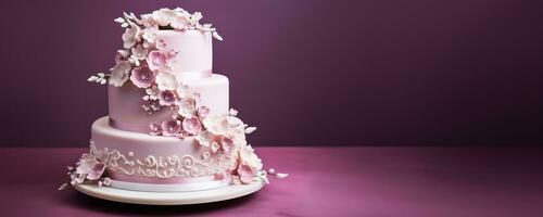 Three-tier elegant wedding cake with delicate edible decorations isolated on a pink gradient background photo
