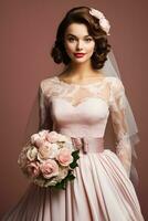 Elegant bride in a vintage-inspired wedding dress isolated on a pastel gradient background photo