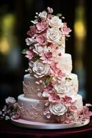 Detail shot of a lavish three-tier wedding cake with delicate sugar paste flowers photo