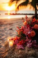 Tropical beach wedding setting at sunset background with empty space for text photo