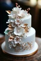 Detail shot of an elegant wedding cake adorned with intricate icing designs and embellishments photo