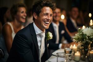 Candid laughter moments captured at wedding reception background with empty space for text photo