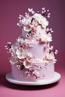 Three-tier elegant wedding cake with delicate edible decorations isolated on a pink gradient background photo