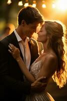 Bride and grooms first dance bathed in golden light eyes locked in endless love photo