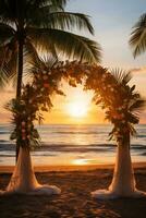 Tropical beach wedding setting at sunset background with empty space for text photo