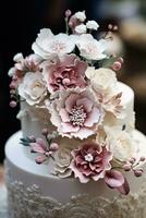 Detail shot of an elegant wedding cake adorned with intricate icing designs and embellishments photo