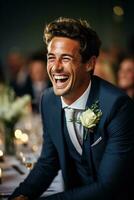 Candid laughter moments captured at wedding reception background with empty space for text photo