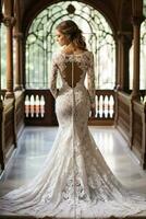 Bride in an antique-inspired lace dress posing in a century-old mansions grand entryway photo