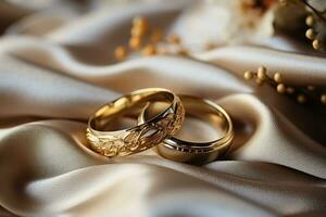 Exchanging wedding rings close-up shot background with empty space for text photo