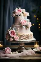 Elegant three-tiered wedding cake design background with empty space for text photo