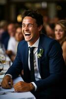 Candid laughter moments captured at wedding reception background with empty space for text photo