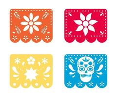 Day of the Dead in Mexico. Multicolored flags with symbols. Mexican papel picado. Design elements on white background. vector