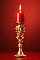 Golden mid-century candle holder with a glowing flame enhancing Christmas nostalgia isolated on a festive red gradient background photo