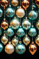 Artfully arranged antique glass Christmas ornaments background with empty space for text photo