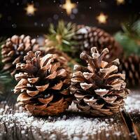 Classic Christmas pine cones sprinkled with faux snow beautifully clustered isolated on a rustic brown gradient background photo