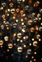 Retro-style Christmas lights and garlands twinkling with warmth isolated on a whimsical gold and silver gradient background photo