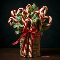 Bunch of antique candy canes adorned with rustic twine bows isolated on a candy-stripped red and white gradient background photo