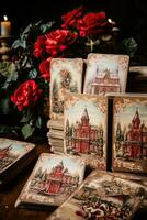 Hand-painted Victorian Christmas postcards antique wrapping papers featuring nostalgic holiday scenes a true treasure of a bygone era photo