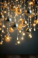 Retro-style Christmas lights and garlands twinkling with warmth isolated on a whimsical gold and silver gradient background photo