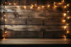 Retro-style Christmas lights and garlands illuminating a rustic wood panel background with empty space for text photo
