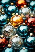 Artfully arranged antique glass Christmas ornaments background with empty space for text photo