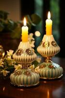 Mid-century handmade candle holders emanating a warm festive glow reminisce Christmas charm of yesteryears photo