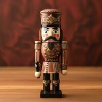 Old-world wooden nutcracker doll crafted with nostalgic detail regally posed isolated on a vintage rosewood gradient background photo