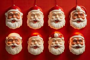 nostálgico el plastico Papa Noel claus cara decoraciones calurosamente iluminado en broma arreglado aislado en un vibrante rojo a blanco degradado antecedentes foto