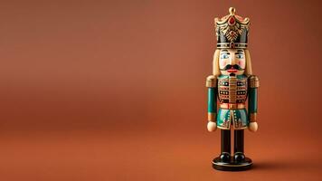 Old-world wooden nutcracker doll crafted with nostalgic detail regally posed isolated on a vintage rosewood gradient background photo