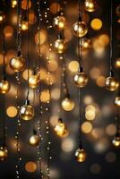 Retro-style Christmas lights and garlands twinkling with warmth isolated on a whimsical gold and silver gradient background photo