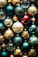 Artfully arranged antique glass Christmas ornaments background with empty space for text photo