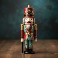 Old-world wooden nutcracker doll crafted with nostalgic detail regally posed isolated on a vintage rosewood gradient background photo