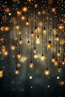 Retro-style Christmas lights and garlands twinkling with warmth isolated on a whimsical gold and silver gradient background photo