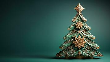 Hand-carved wooden Christmas tree adorned with vintage tin star isolated on a pine green to sky blue gradient background photo