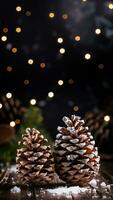 Classic Christmas pine cones sprinkled with faux snow beautifully clustered isolated on a rustic brown gradient background photo