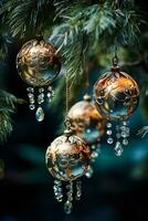 elegante temprano Vigésimo siglo vaso adornos reluciente en un Navidad árbol haciendo eco un sentido de anticuado festivo encanto foto