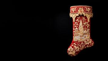 Victorian Christmas stocking meticulously hand-stitched featuring whimsical holiday scenes isolated on a crimson to cream gradient background photo