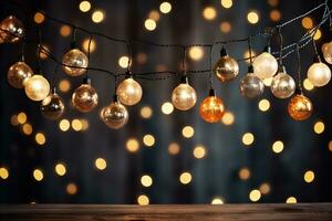 Retro-style Christmas lights and garlands twinkling with warmth isolated on a whimsical gold and silver gradient background photo