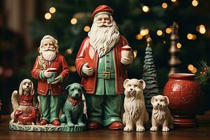 Charming ceramic figurines reflecting a classic vintage Christmas nestled amidst the festive decor photo