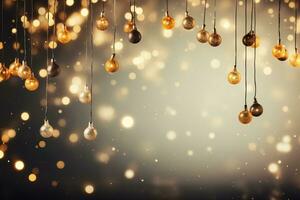 Retro-style Christmas lights and garlands twinkling with warmth isolated on a whimsical gold and silver gradient background photo